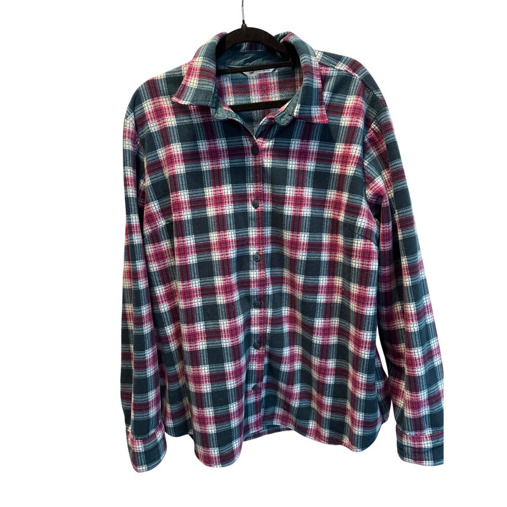 Lee Plaid Fleece Button Up Shirt Women XL Purple Teal Cabincore Cozy Oversized